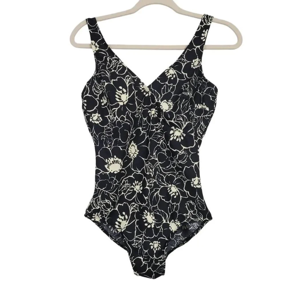Miraclesuit Black Floral One Piece Swimsuit Sz 10 Padded Wirefree Slimming V-Nec
